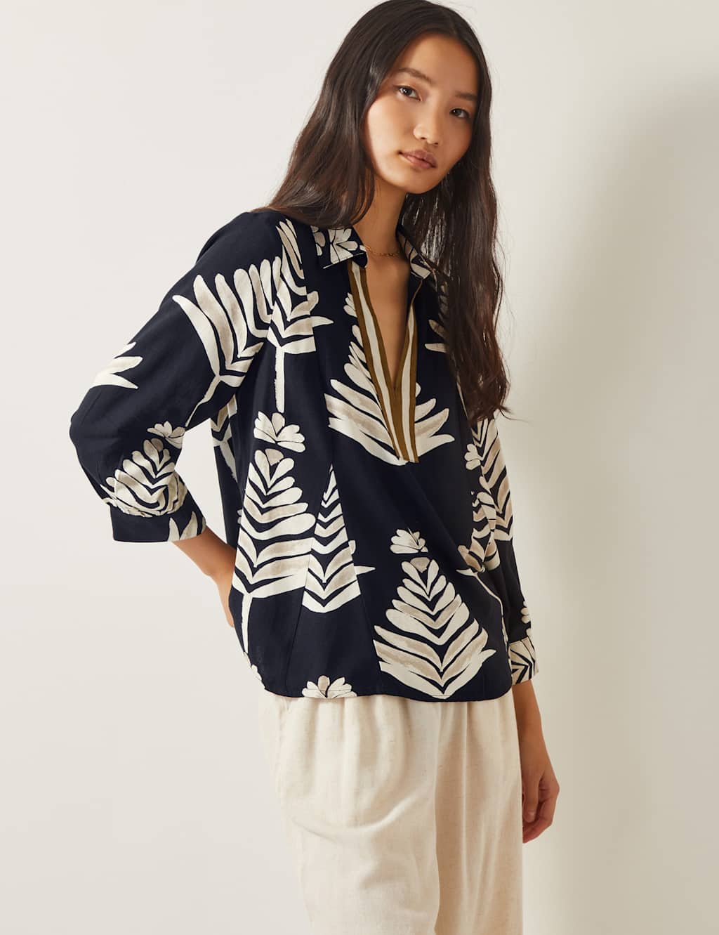 Leaf Print Top With Linen
