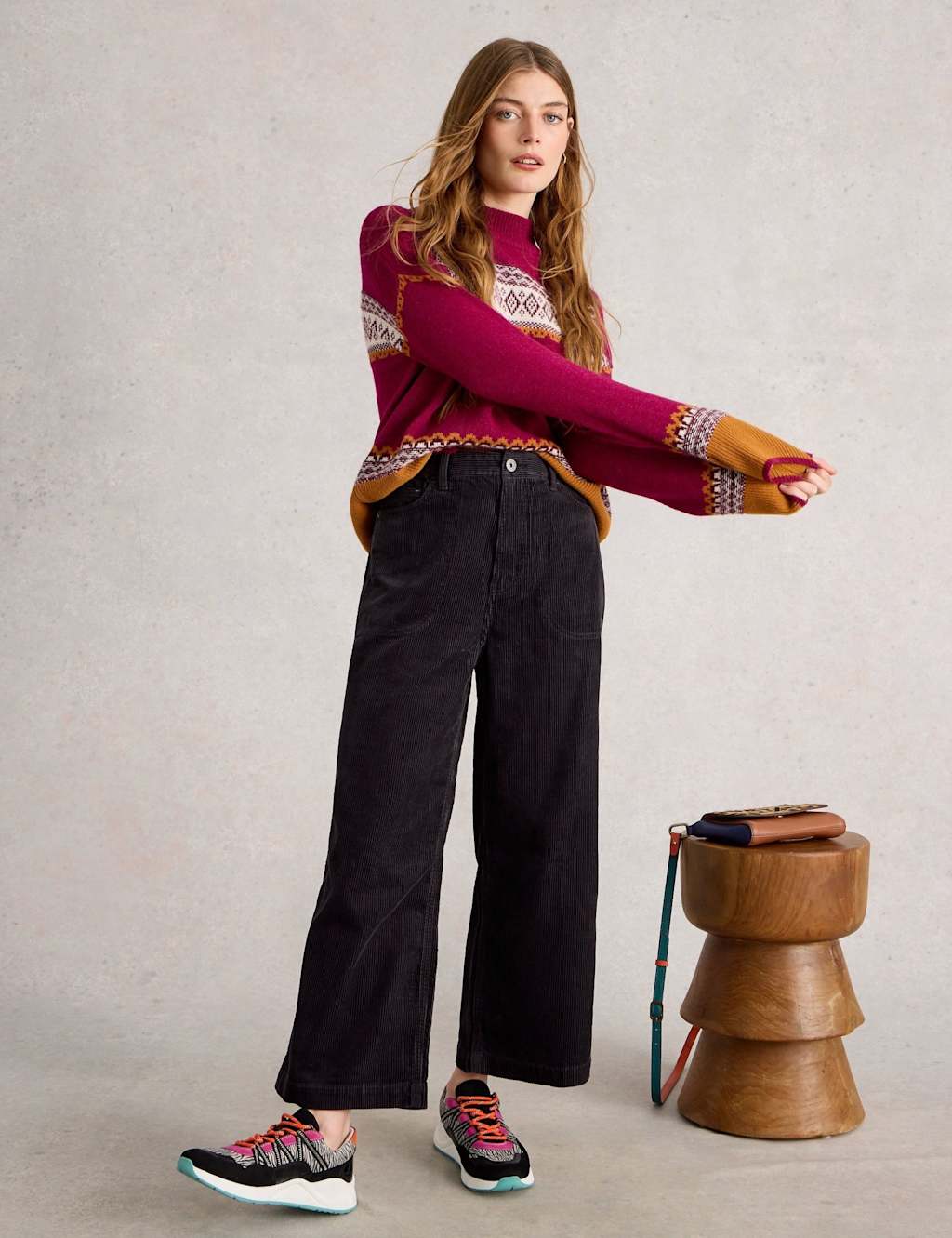 White Stuff Cord Wide Leg Cropped Trousers Grey