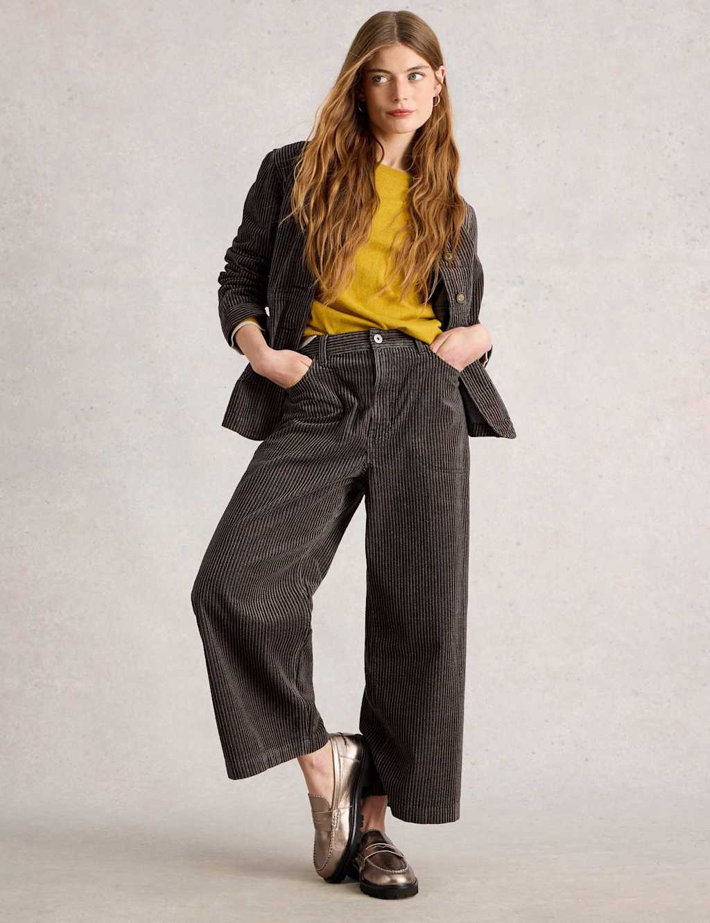 White Stuff Cord Wide Leg Cropped Trousers Black Mix