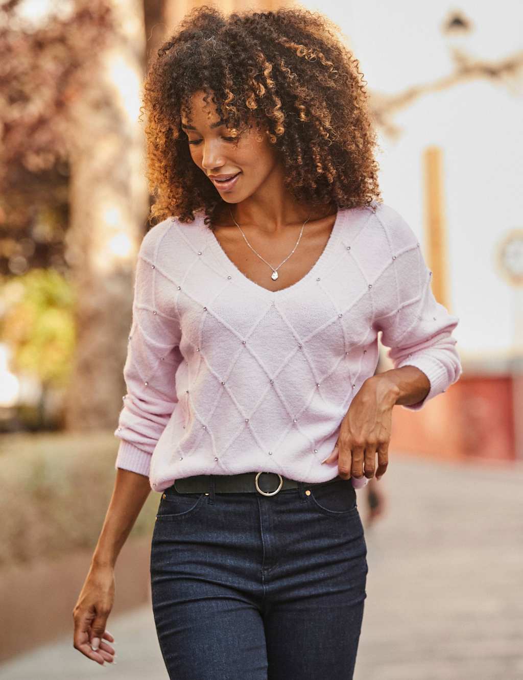 SOSANDAR Pointelle Embellished V-Neck Relaxed Jumper Pink