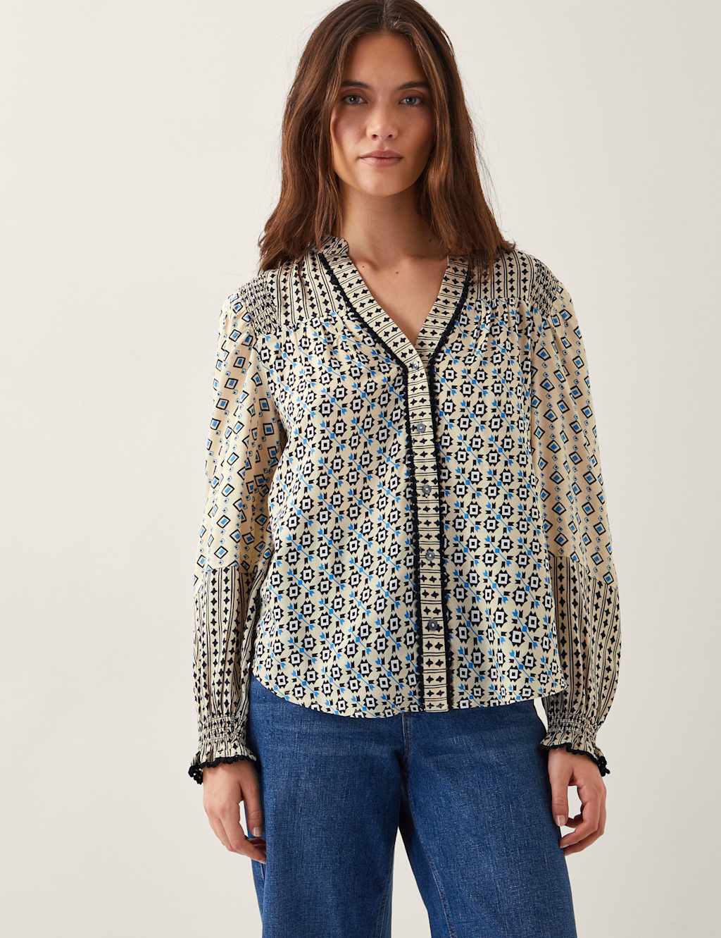 Printed V-Neck Blouson Sleeve Blouse