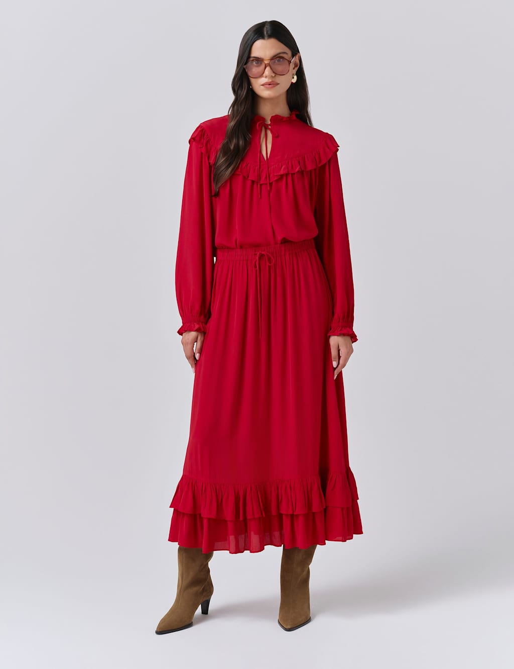 Ghost Crepe Ruffle Midi Tiered Skirt Red