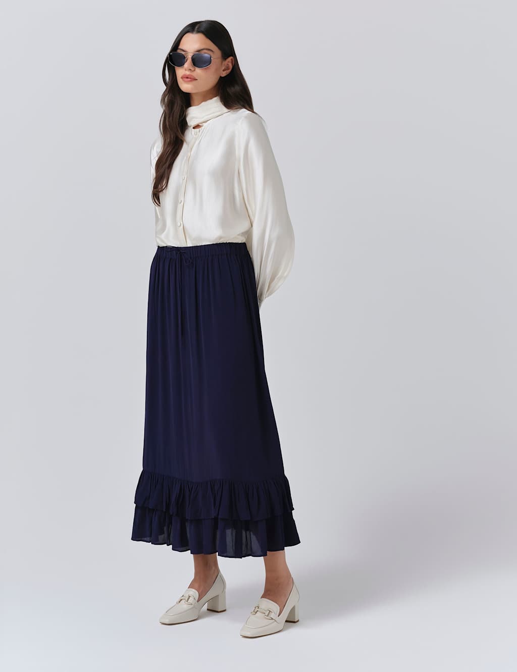 Ghost Crepe Ruffle Midi Tiered Skirt Navy