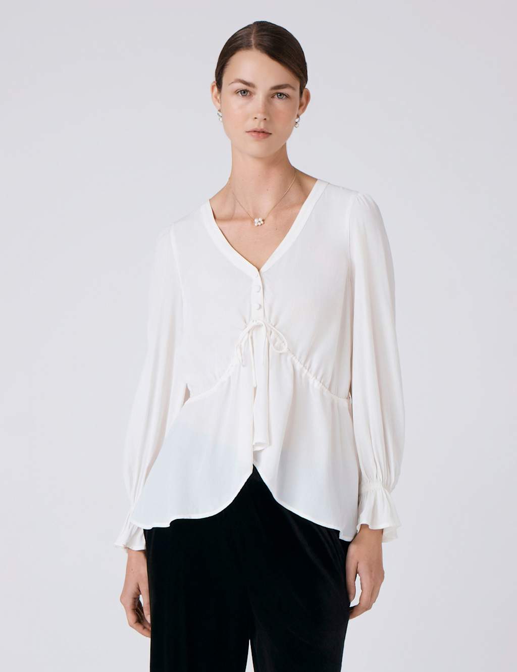 Ghost Crepe V-Neck Tie Front Blouse Ivory