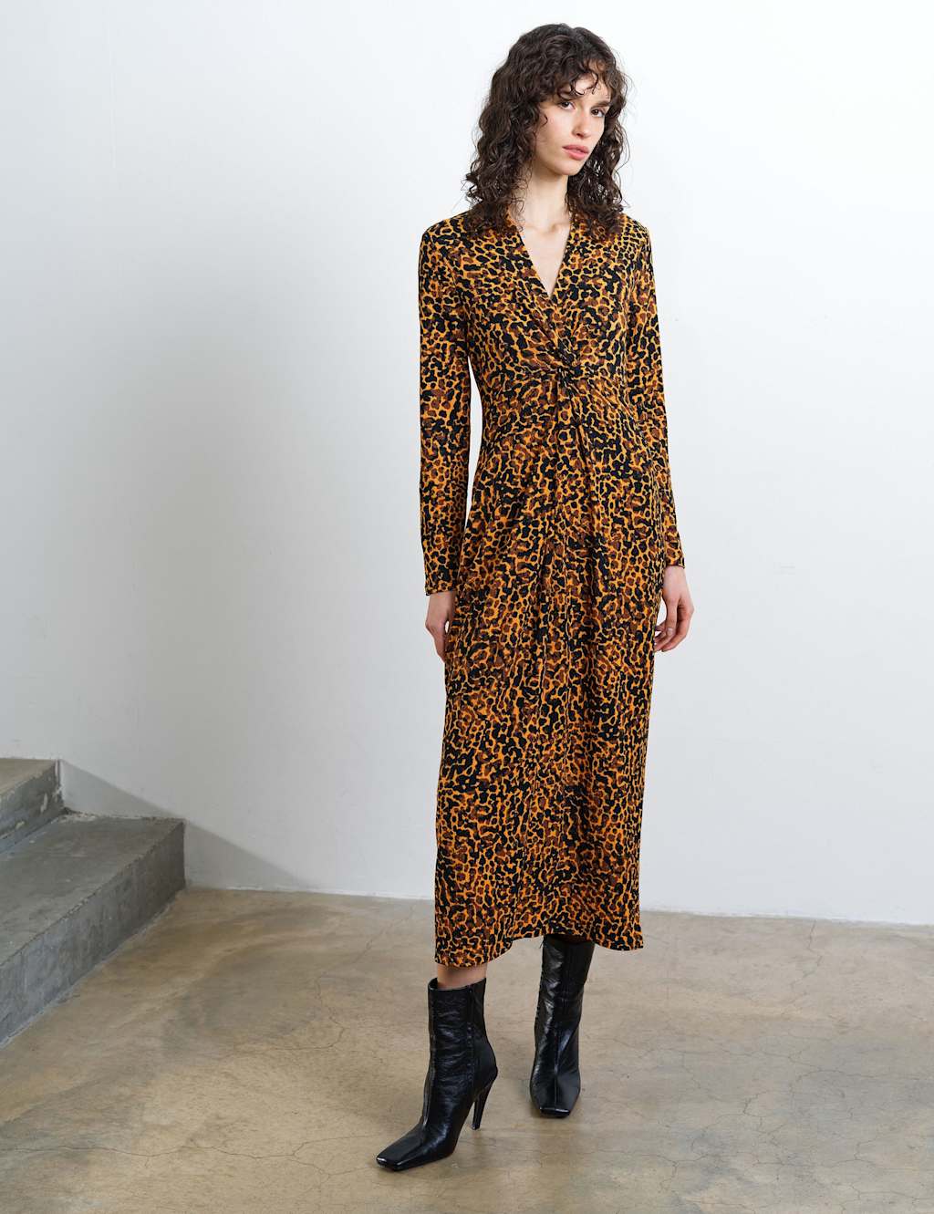 French Connection Women's Animal Print Textured Collared Midi Column Dress - Small - Orange Mix - Available at M&S