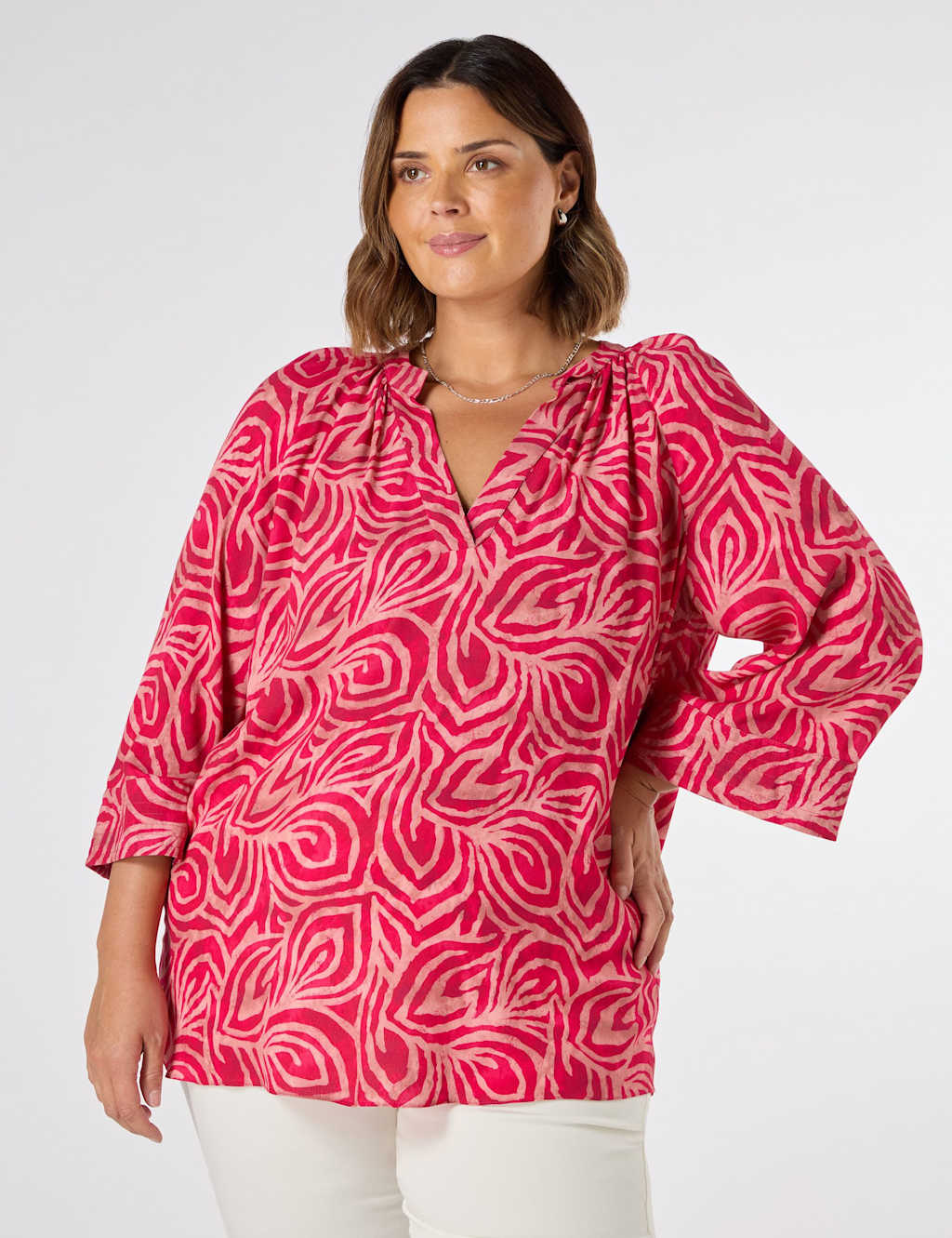 Abstract Print V-Neck Cropped Sleeve Blouse