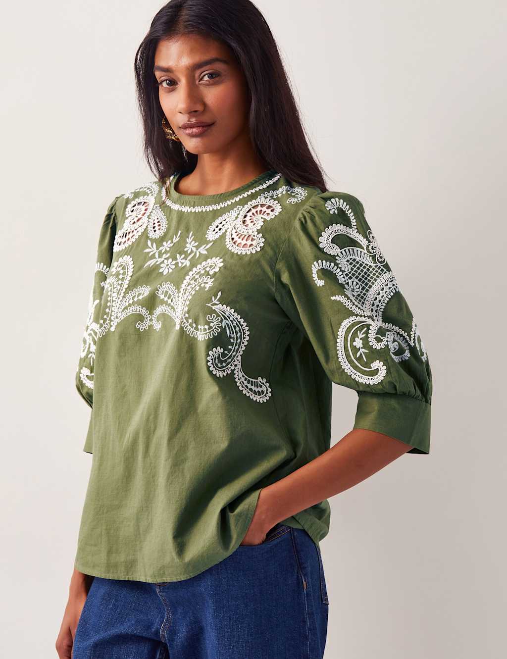 Pure Cotton Embellished Puff Sleeve Top
