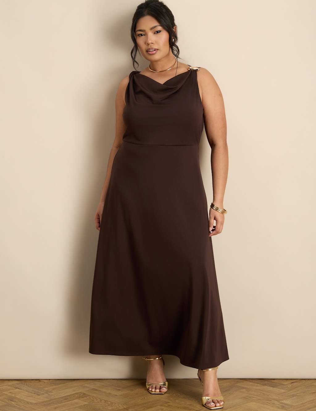 Live Unlimited London Lyocell Rich Cowl Neck Maxi Slip Dress Brown