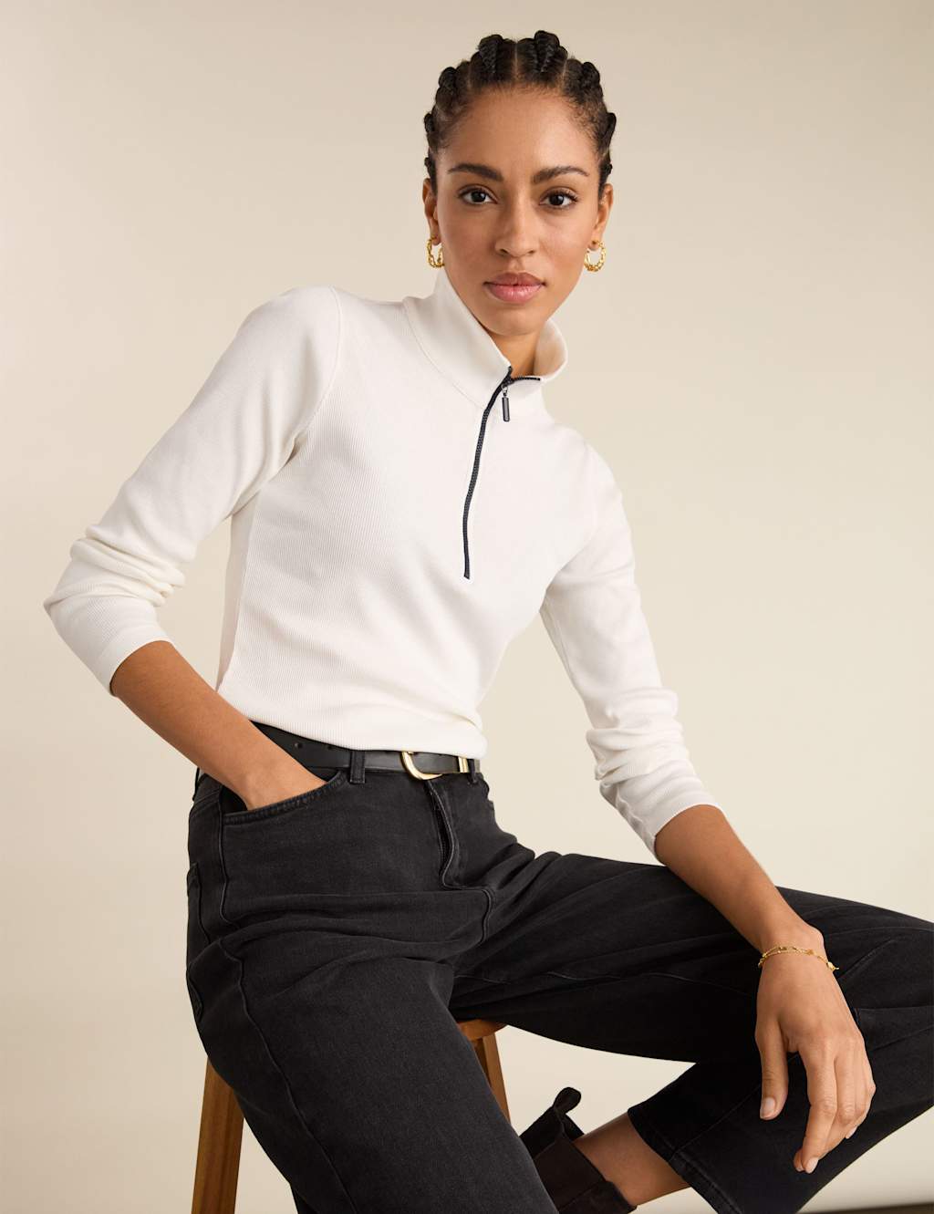 BAUKJEN Pure Cotton Funnel Neck Half Zip Top Soft White