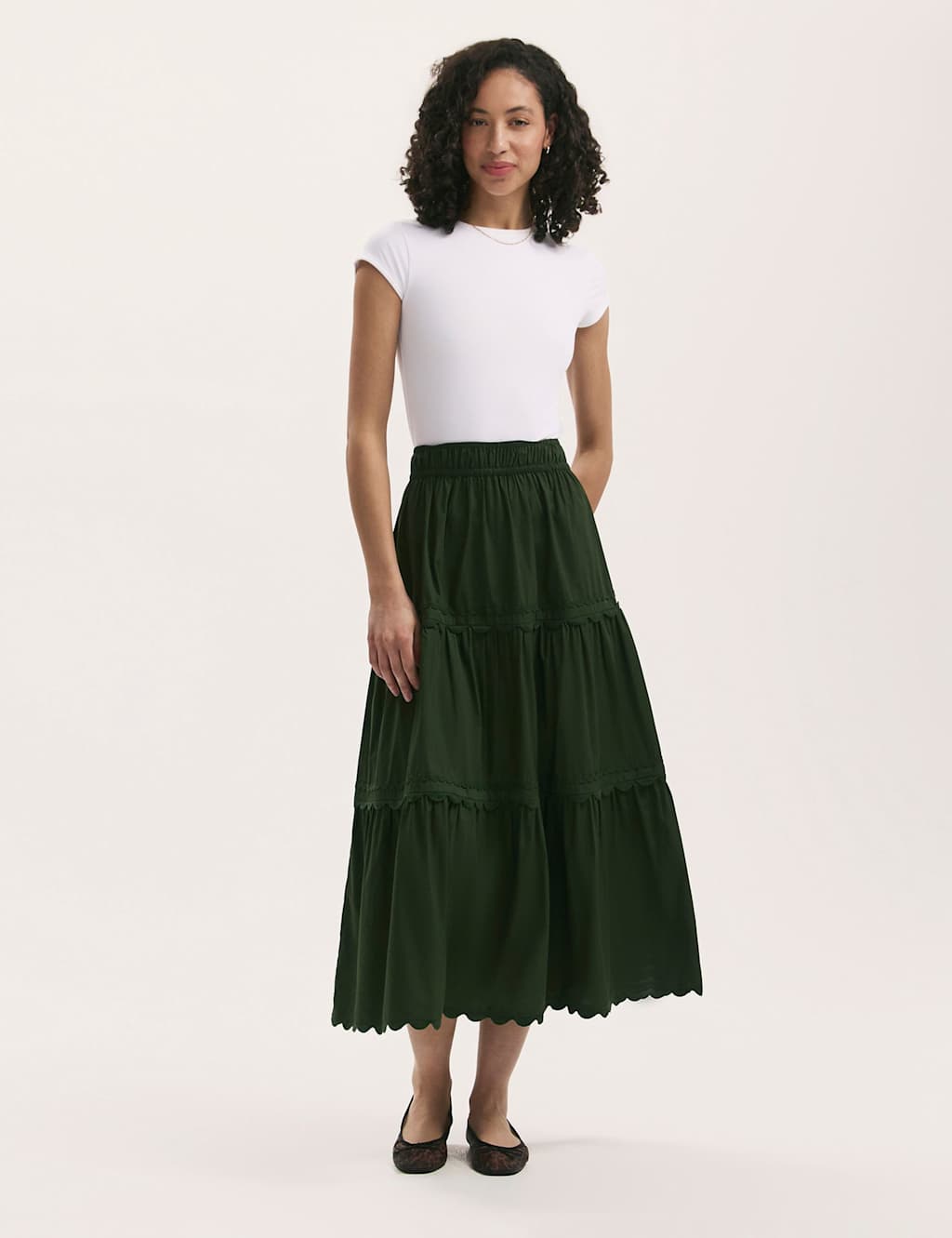 Pure Cotton Midi Tiered Skirt