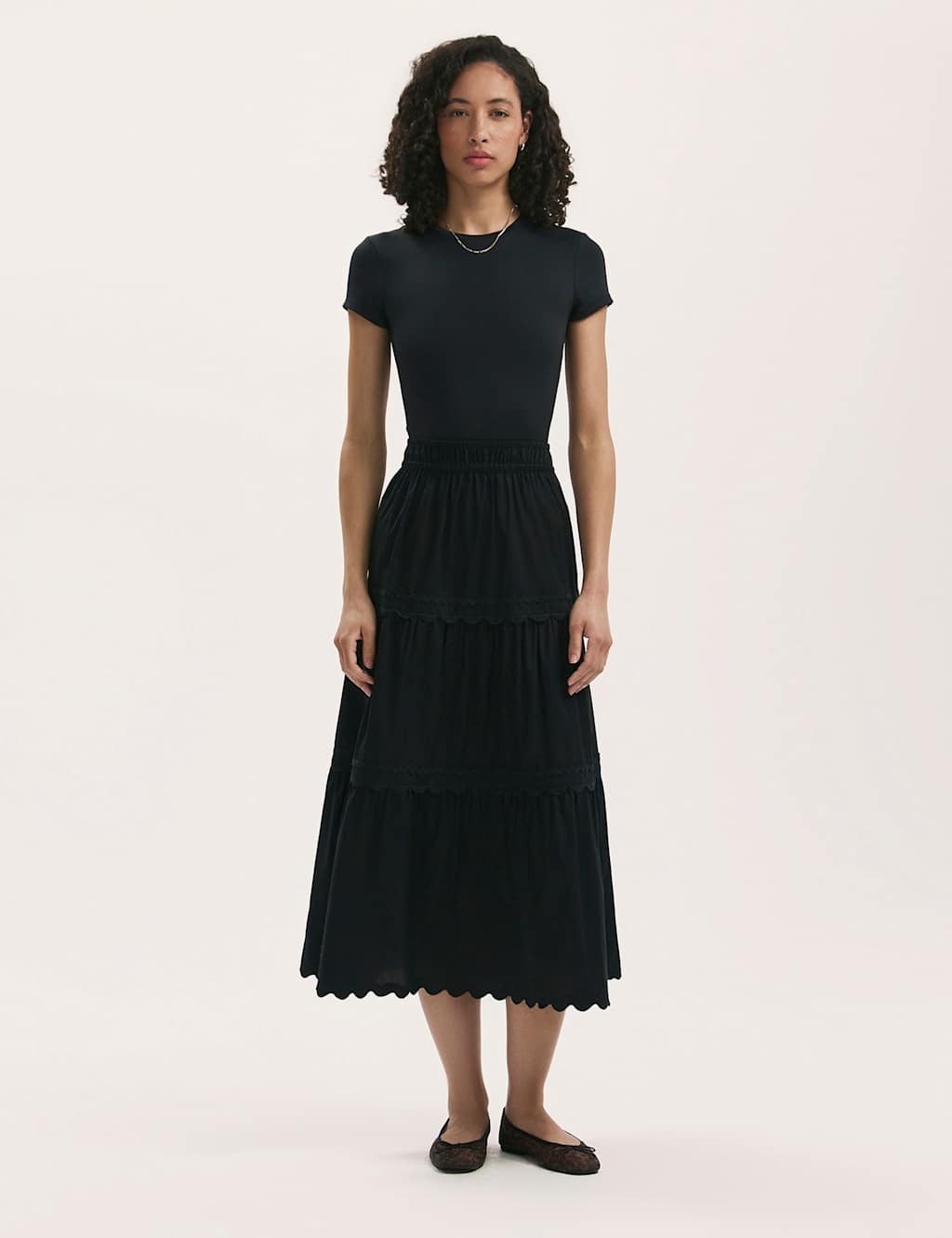 Pure Cotton Midi Tiered Skirt