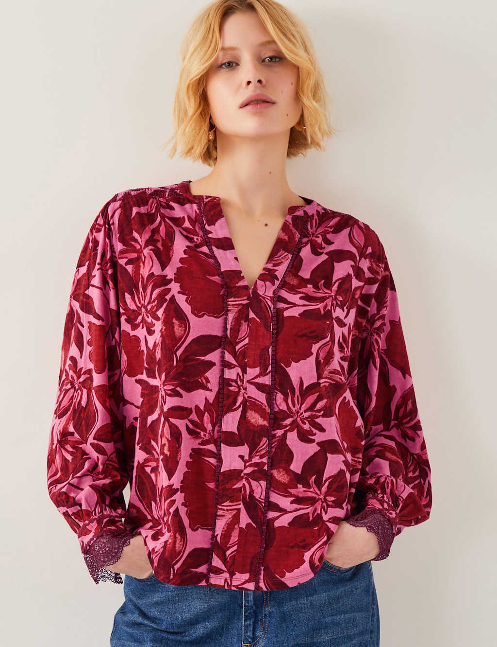 Cotton Rich Floral Lace Detail Blouse