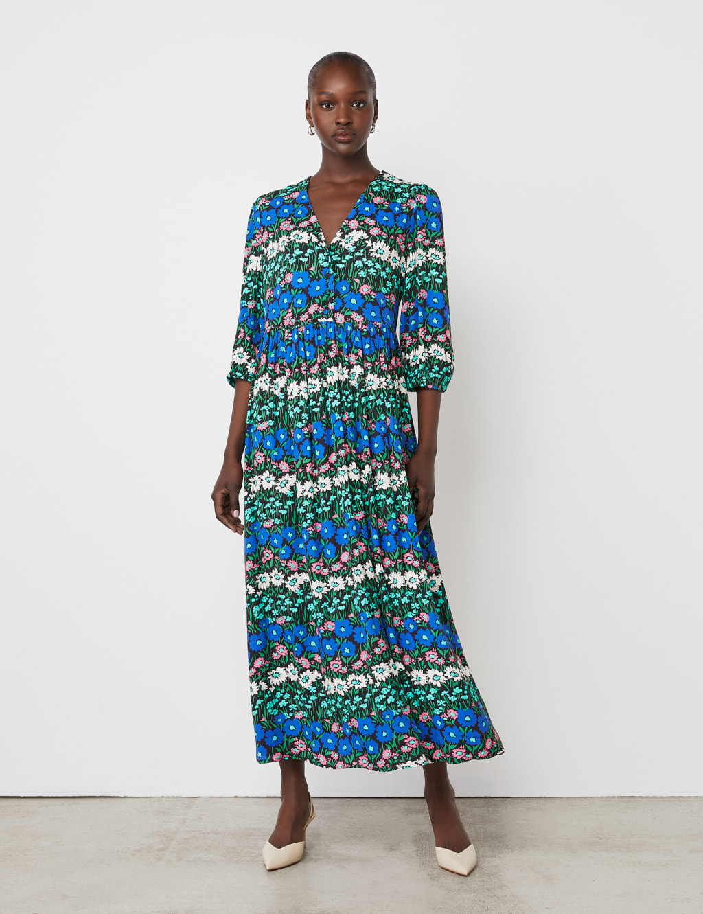 Crepe Floral V-Neck Midi Waisted Dress