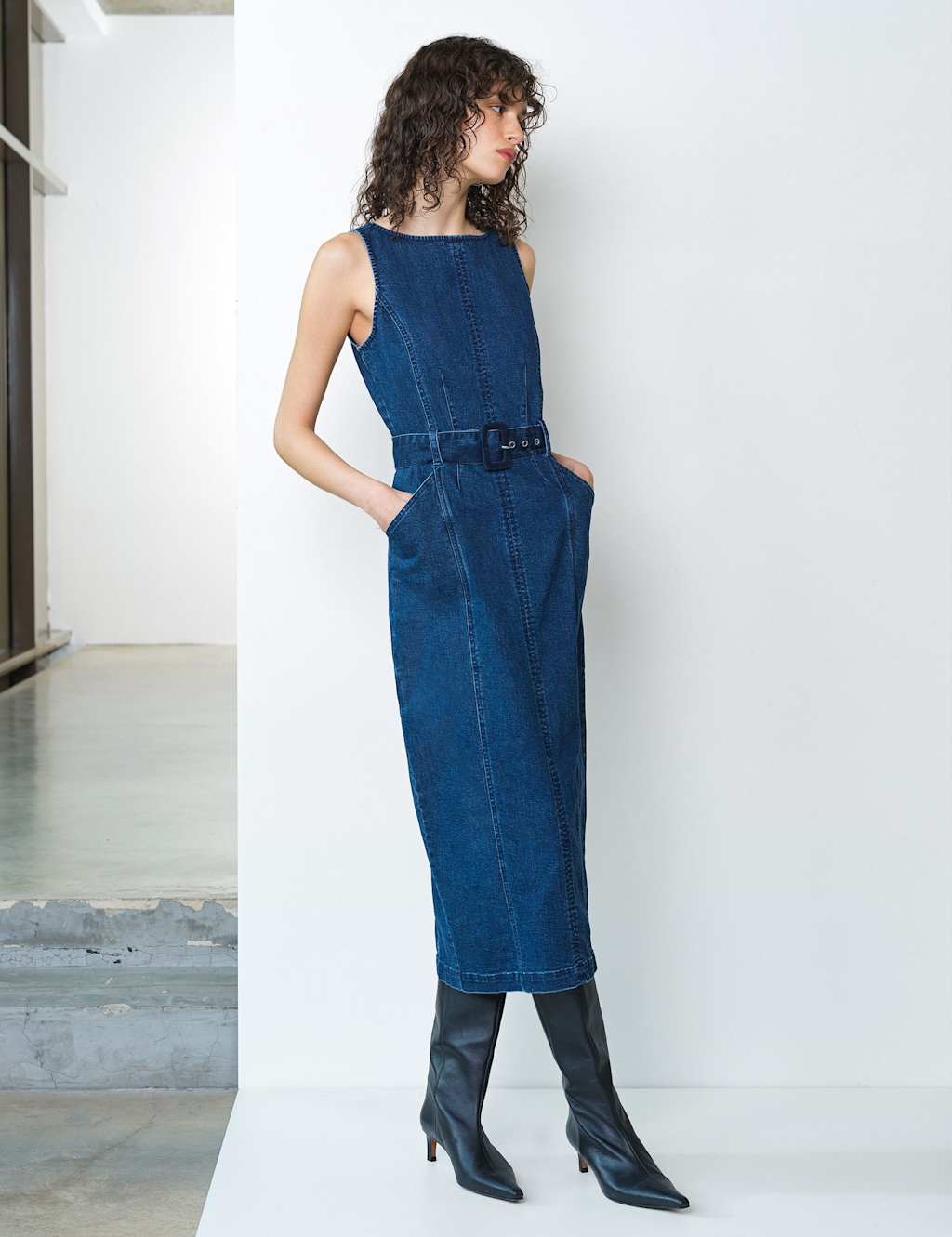 French Connection Women's Denim Slash Neck Belted Midi Column Dress - 16 - Blue - Available at M&S