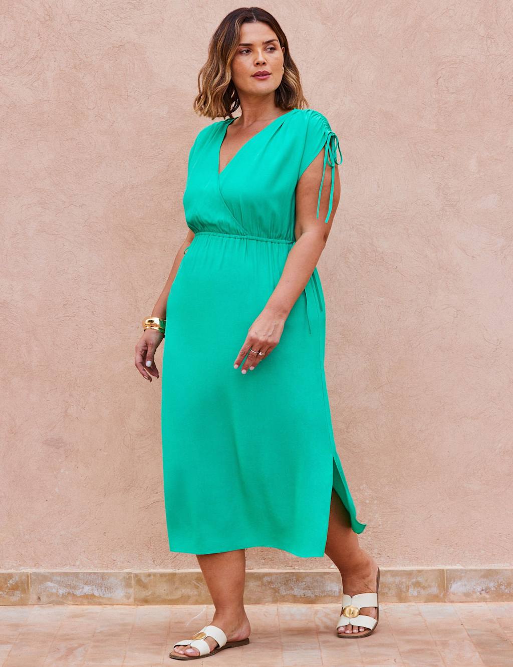 V-Neck Gathered Midi Wrap Dress