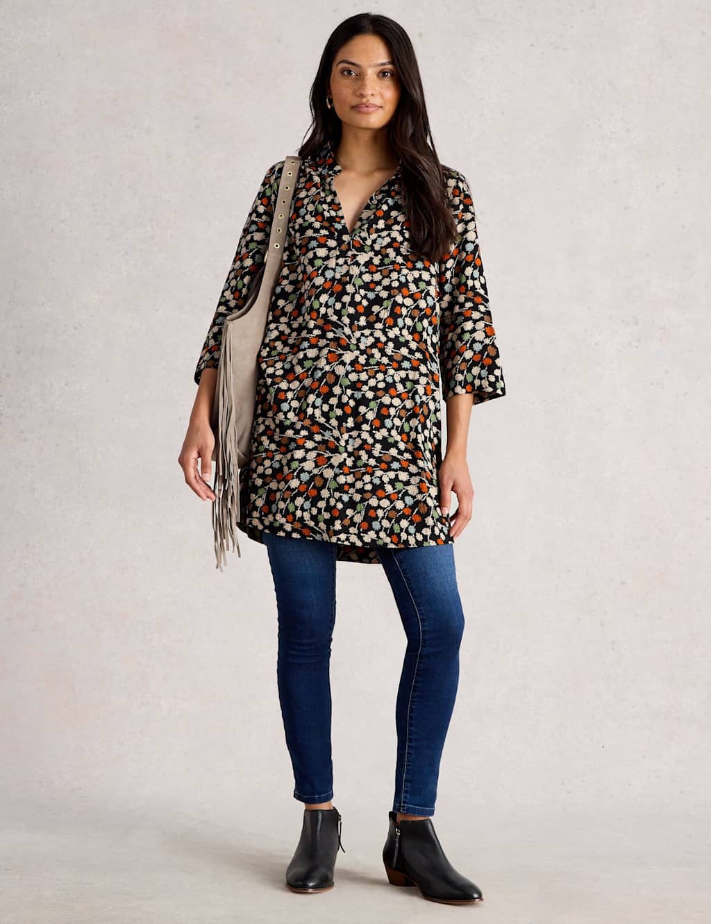 White Stuff Women's Printed Collared V-Neck Tunic - 12REG - Black Mix, Black Mix