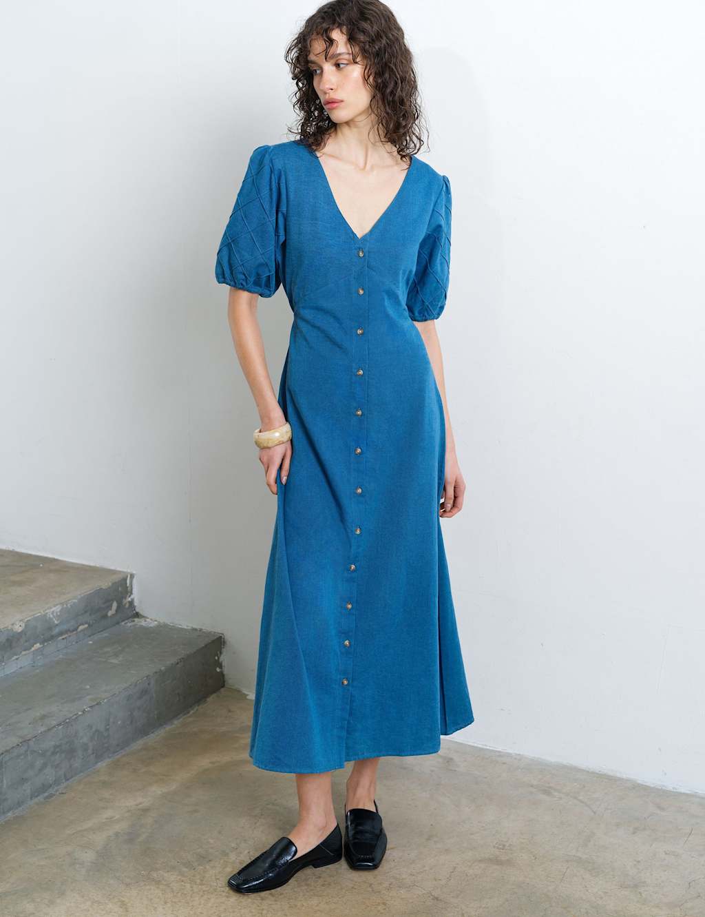 French Connection Women's Pure Cotton Chambray Puff Sleeve Midi Dress - 16 - Denim - Available at M&S