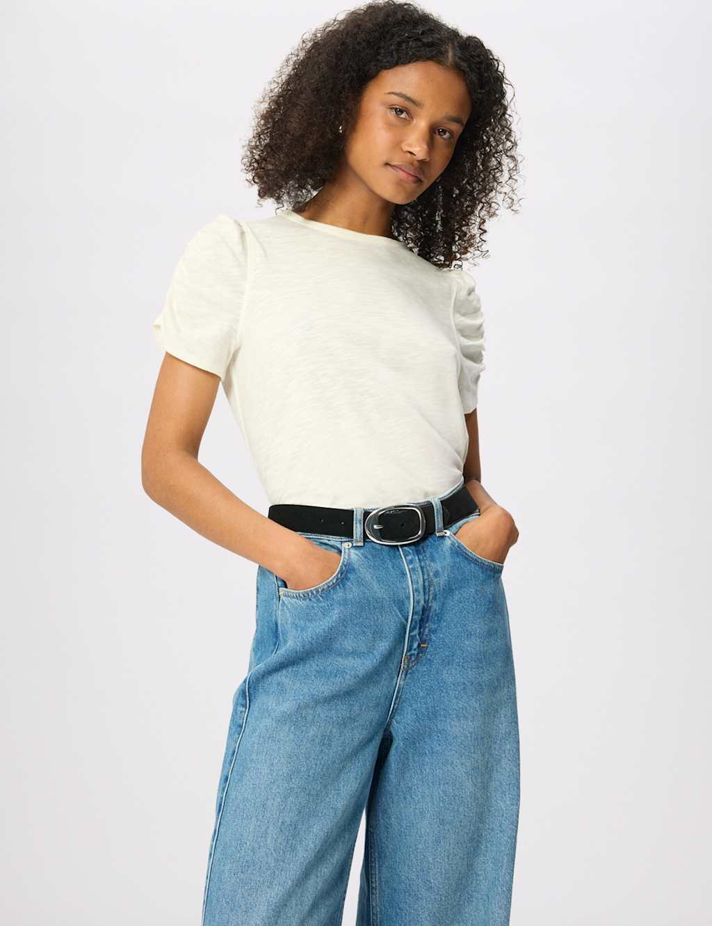 Whistles Women's Pure Cotton Gathered Sleeve T-Shirt - Extra Small - Ivory - Available at M&S
