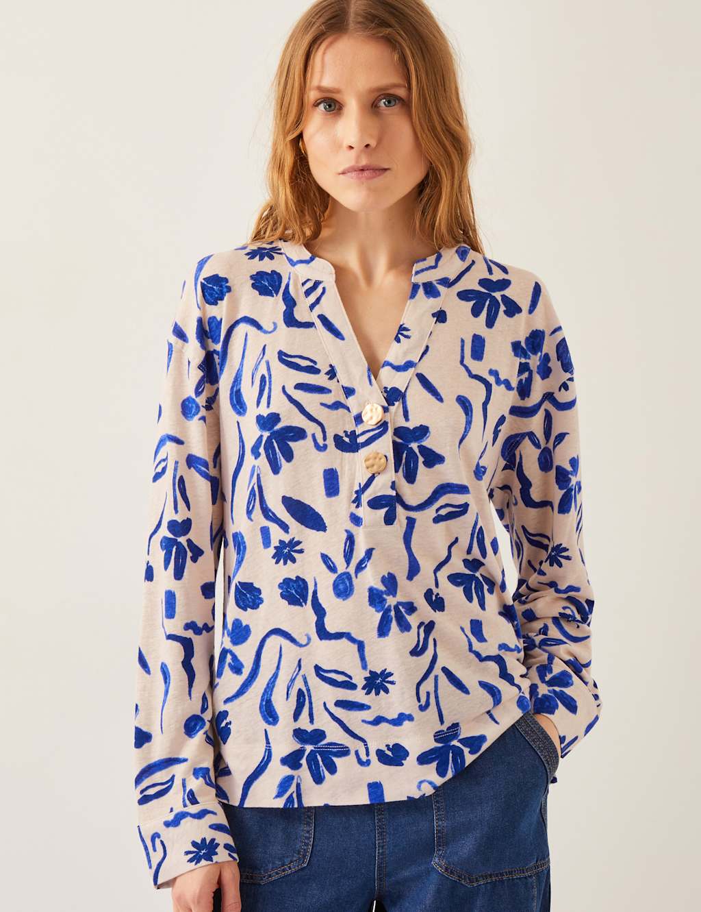Linen Rich Floral V-Neck Blouse