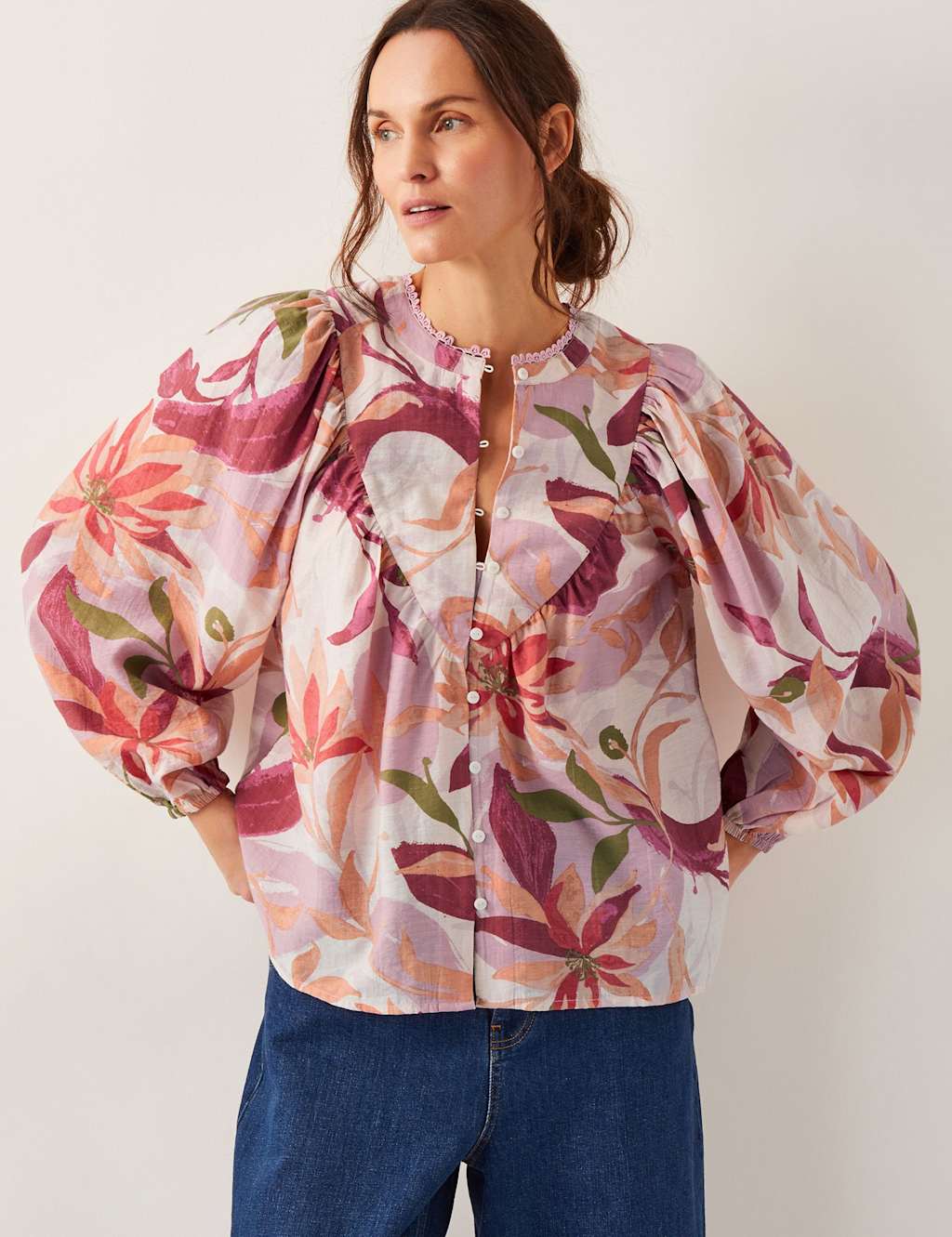 Floral Bib Front Blouson Sleeve Blouse
