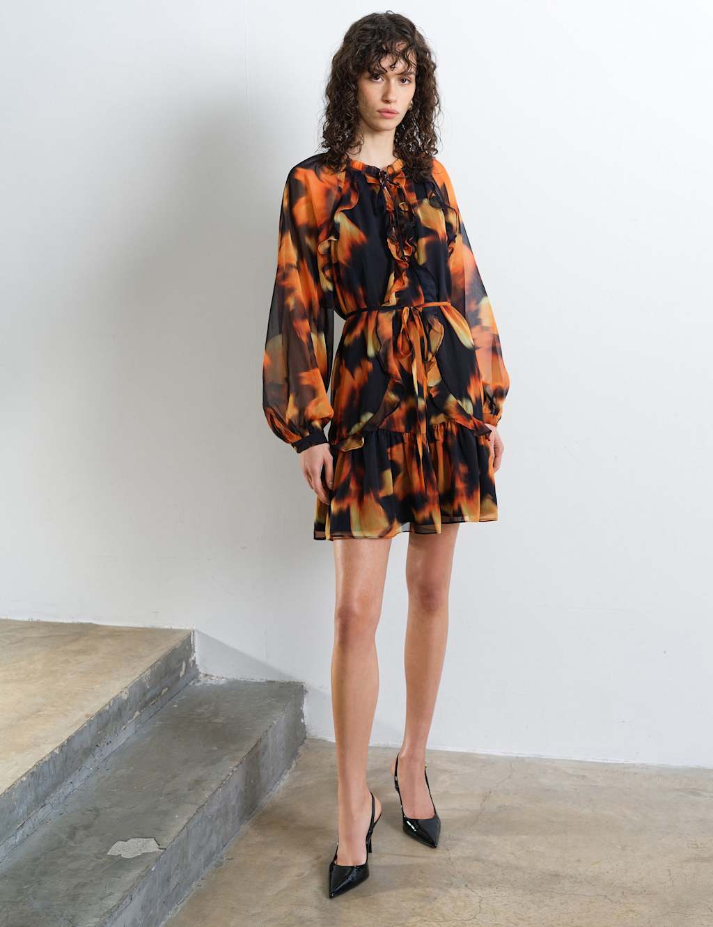 French Connection Women's Chiffon Printed Tie Neck Midi Tiered Dress - Extra Large - Orange Mix - Available at M&S