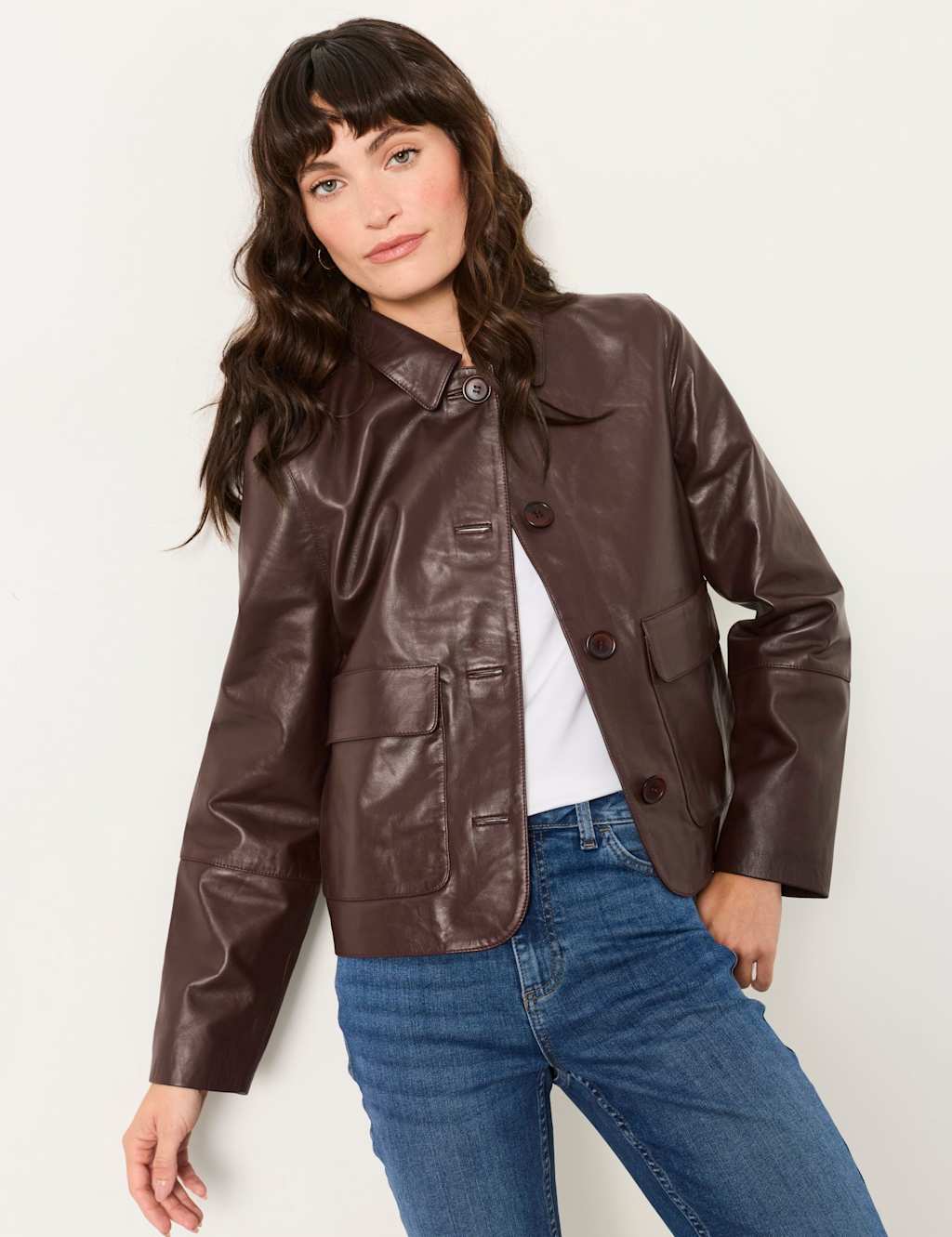 Fatface Women's Leather Cropped Jacket - 12 - Plum - Available at M&S