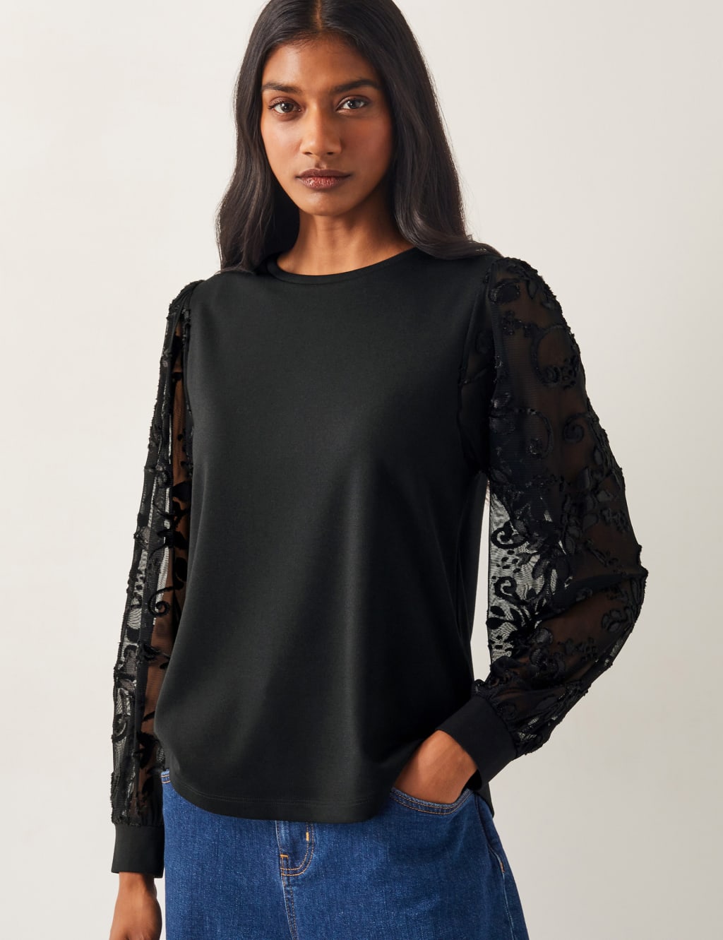 Sheer Lace Blouson Sleeve Top