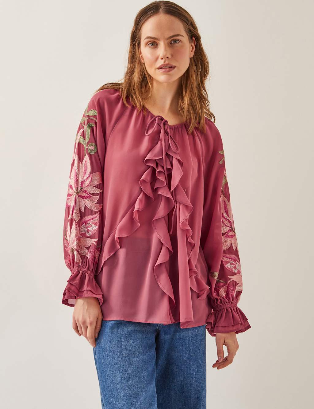 Embroidered Tie Neck Blouse