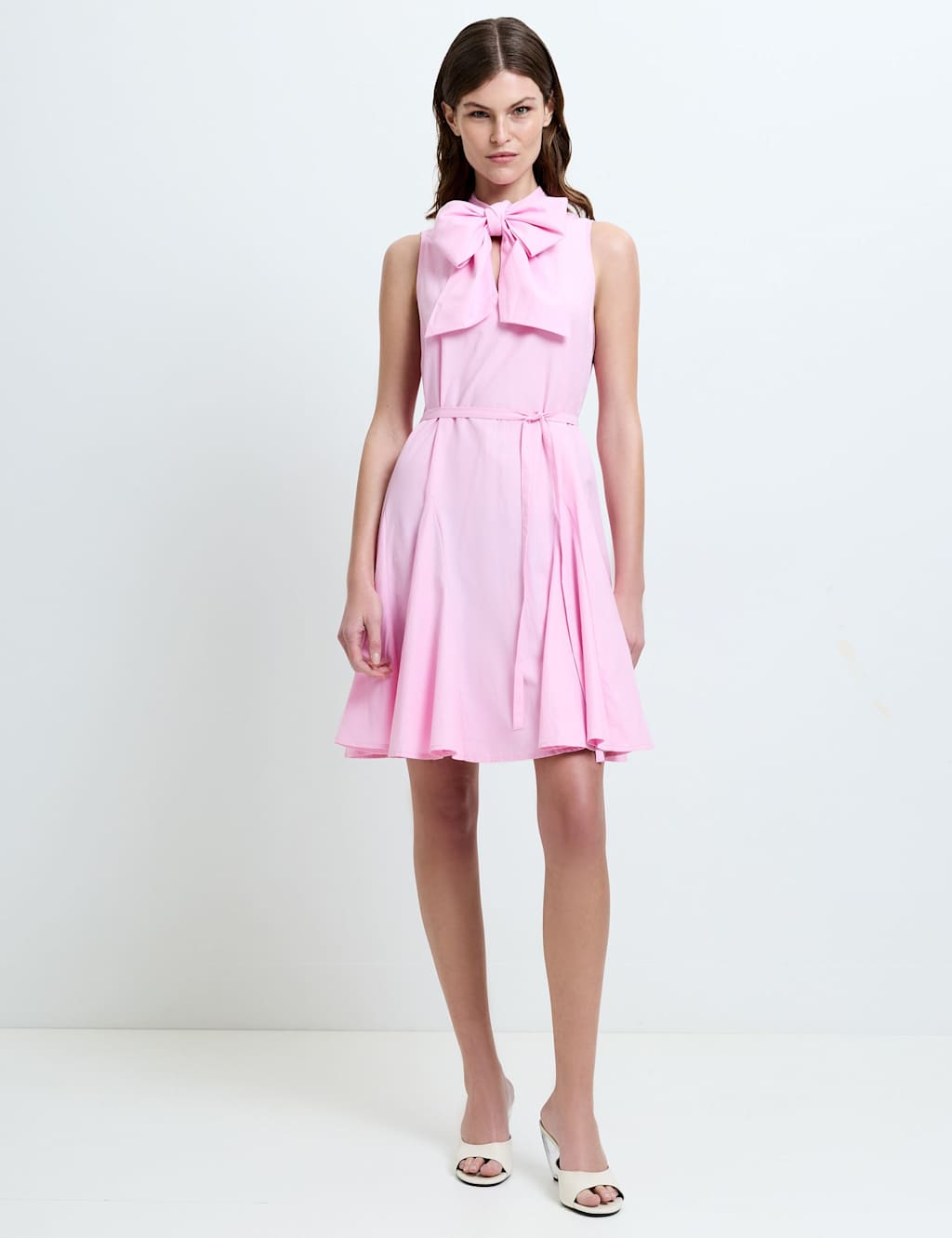French Connection Women's Cotton Blend Tie Neck Pleated Mini Skater Dress - Small - Pink - Available at M&S