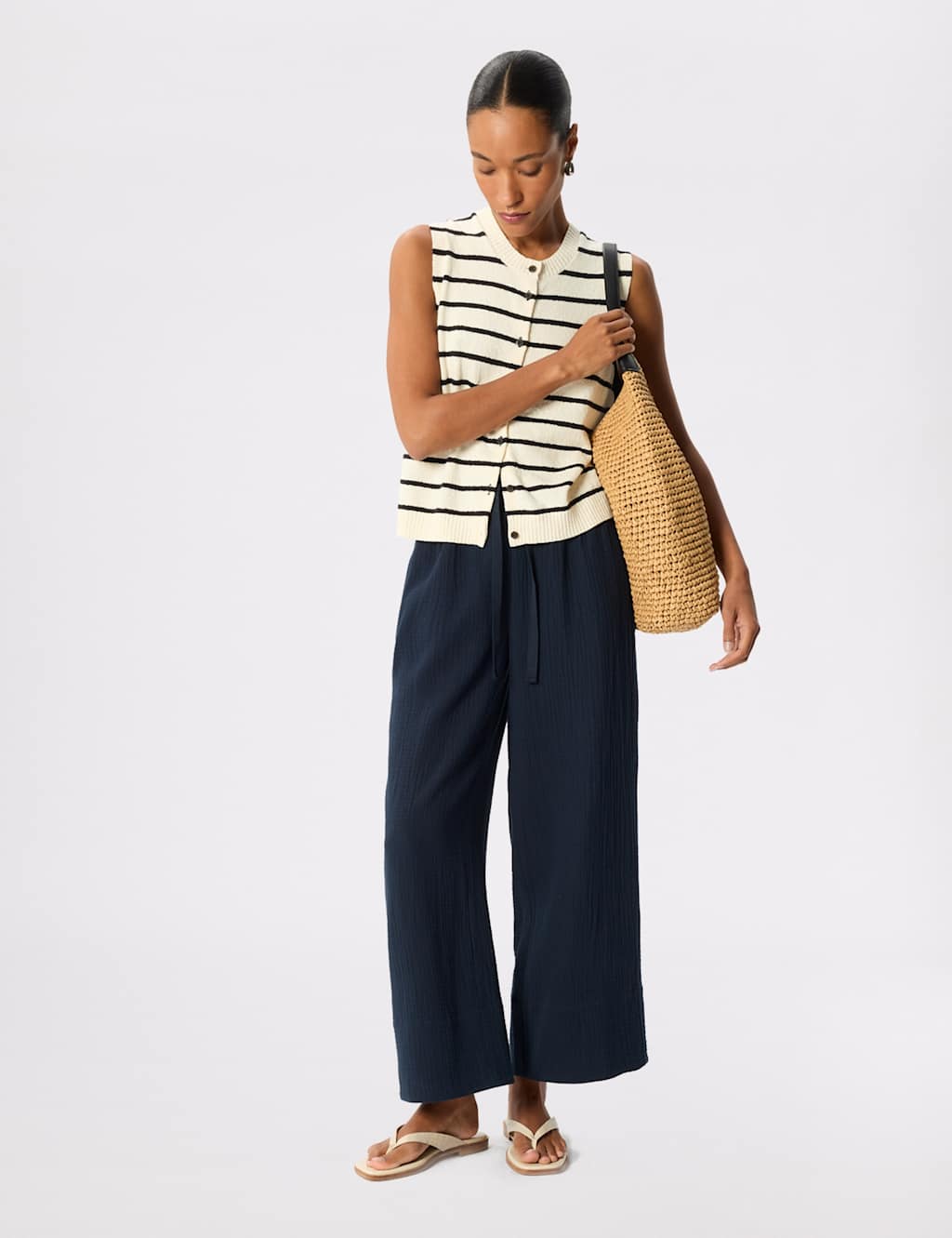 Whistles Women's Wide Crop Cheesecloth Trouser - 8 - Navy - Available at M&S