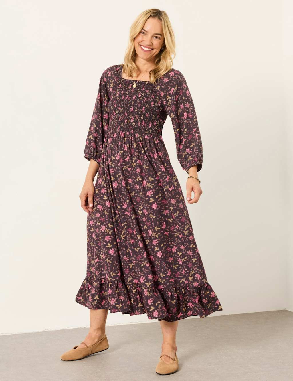 Fatface Women's Floral Square Neck Midi Tea Dress - 14 - Brown Mix - Available at M&S