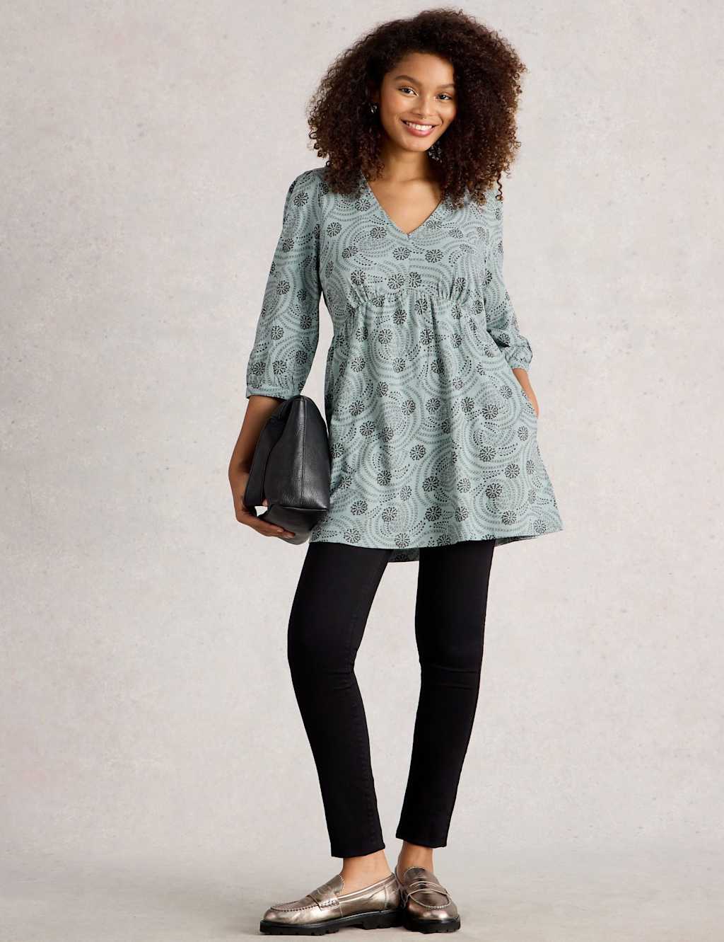 White Stuff Pure Cotton Jersey Floral V-Neck Tunic Blue Mix