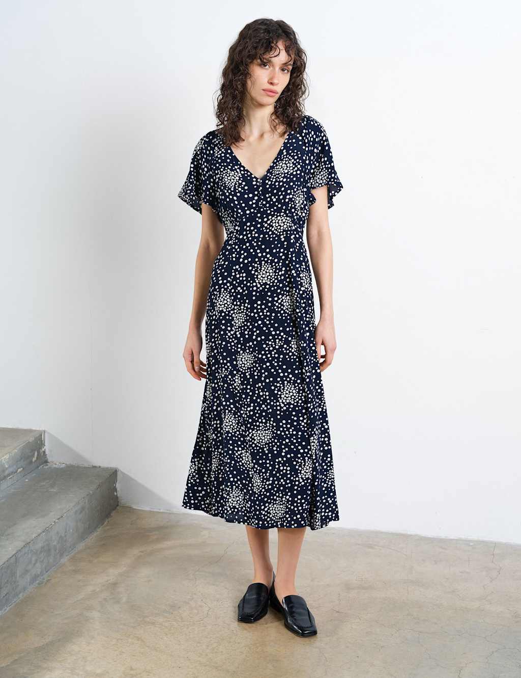 French Connection Women's Polka Dot V-Neck Midi Tea Dress - 8 - Blue Mix - Available at M&S