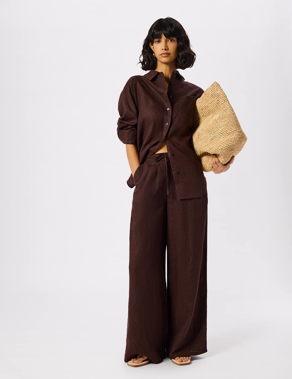 Whistles Women's Pure Linen Drawstring Wide Leg Trousers - 10 - Brown - Available at M&S