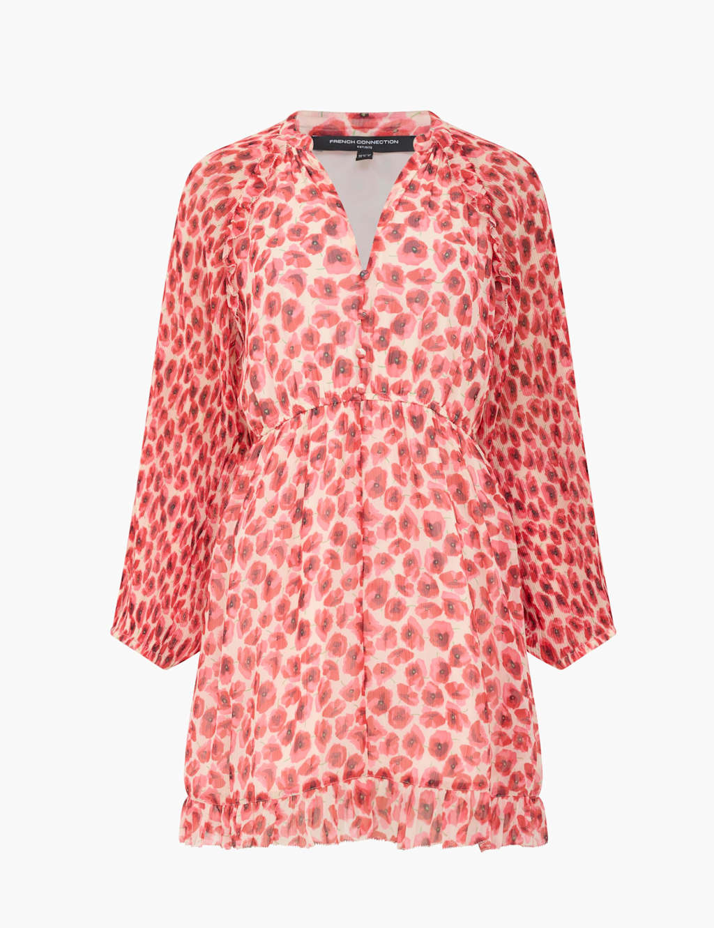 French Connection Women's Plisse Floral V-Neck Ruffle Mini Shift Dress - Large - Red Mix - Available at M&S