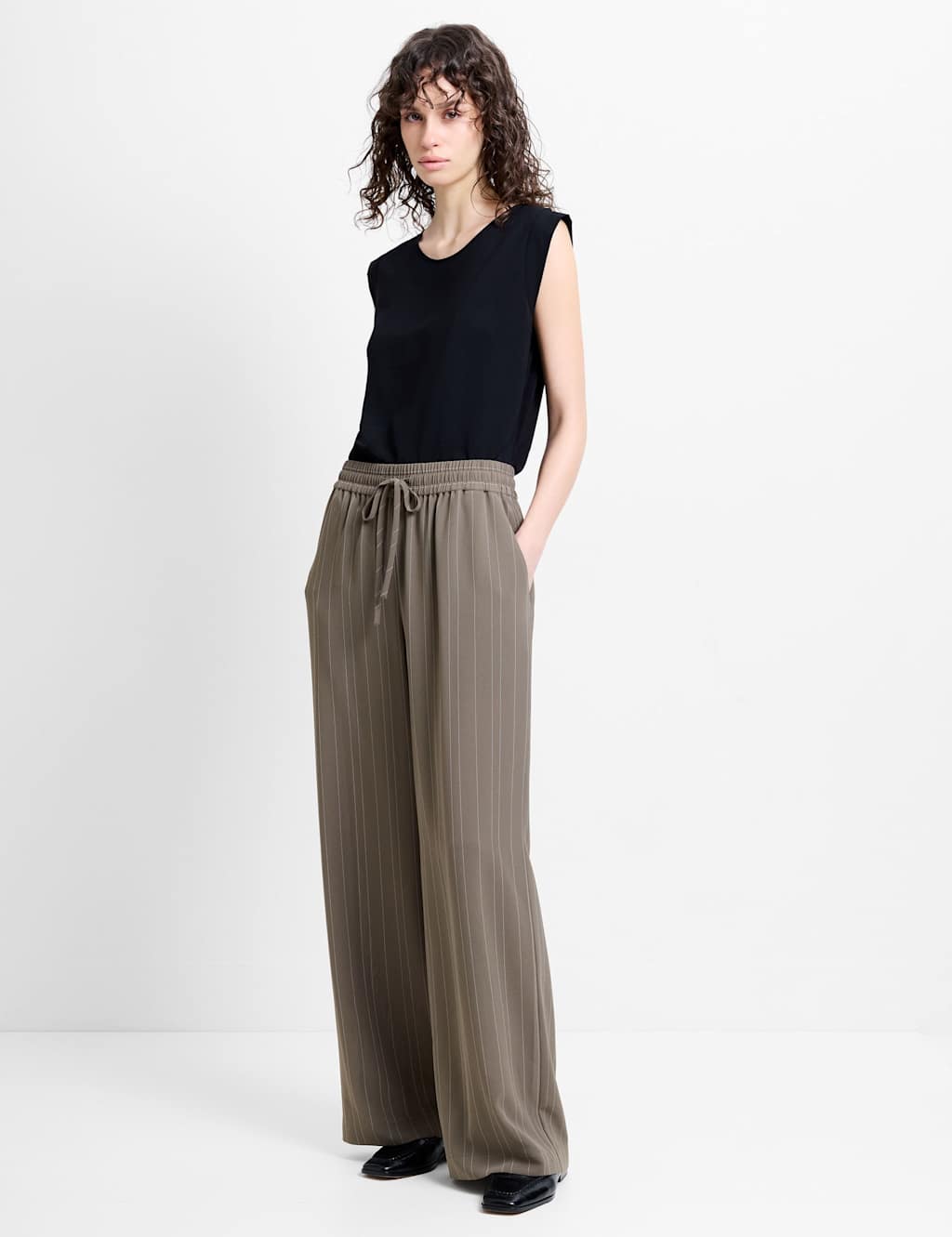 French Connection Women's Pinstripe Wide Leg Trousers - Large - Khaki Mix - Available at M&S