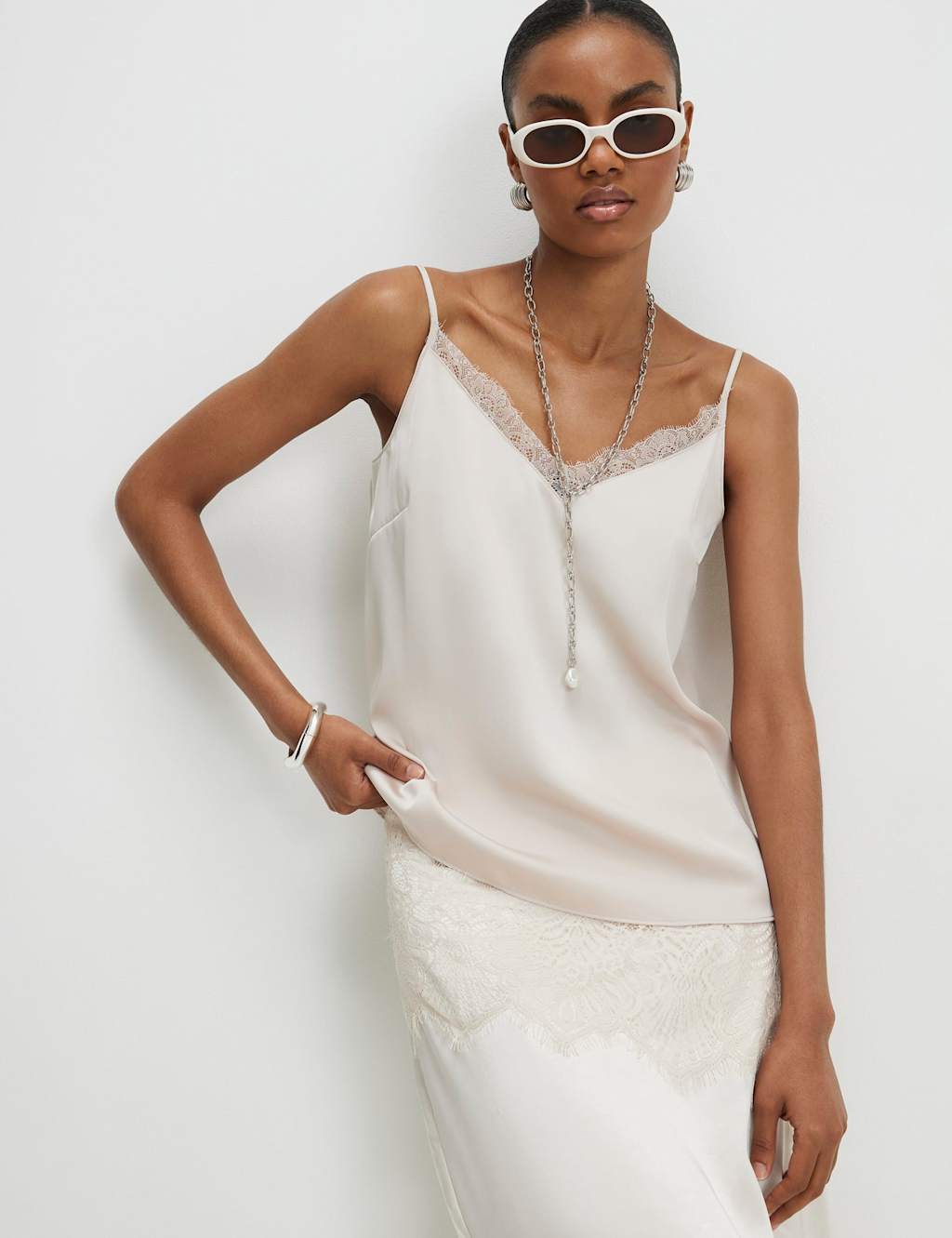 River Island Women's Satin V-Neck Lace Trim Cami Top - 16 - Beige - Available at M&S