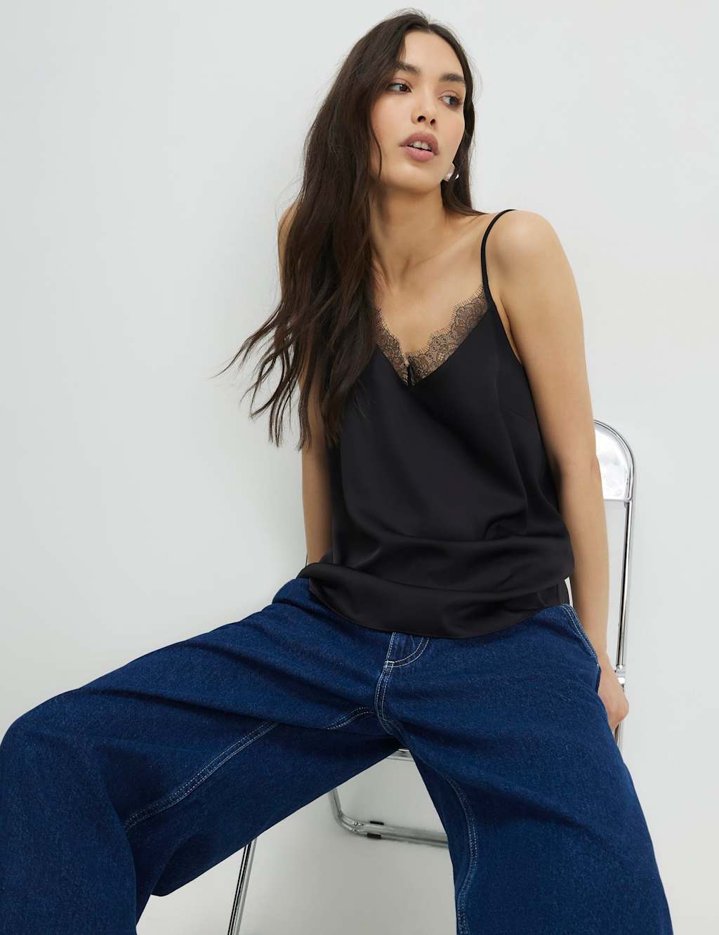 River Island Women's Satin V-Neck Lace Trim Cami Top - 6 - Black - Available at M&S