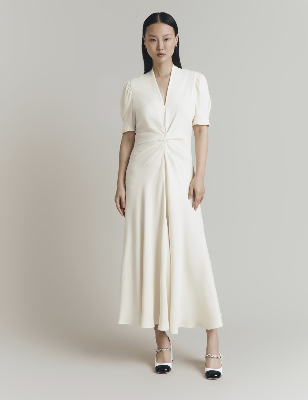 Crepe V-Neck Midi Tea Dress