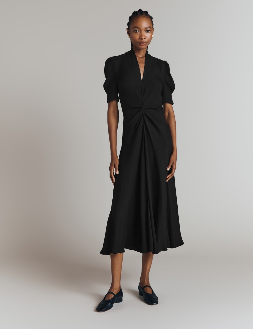 Crepe V-Neck Midi Tea Dress