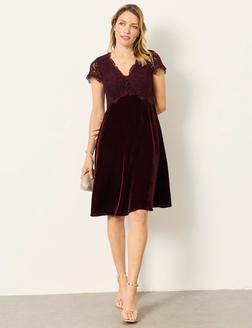 Fatface Women's Velvet Lace Detail V-Neck Mini Waisted Dress - 10 - Burgundy - Available at M&S