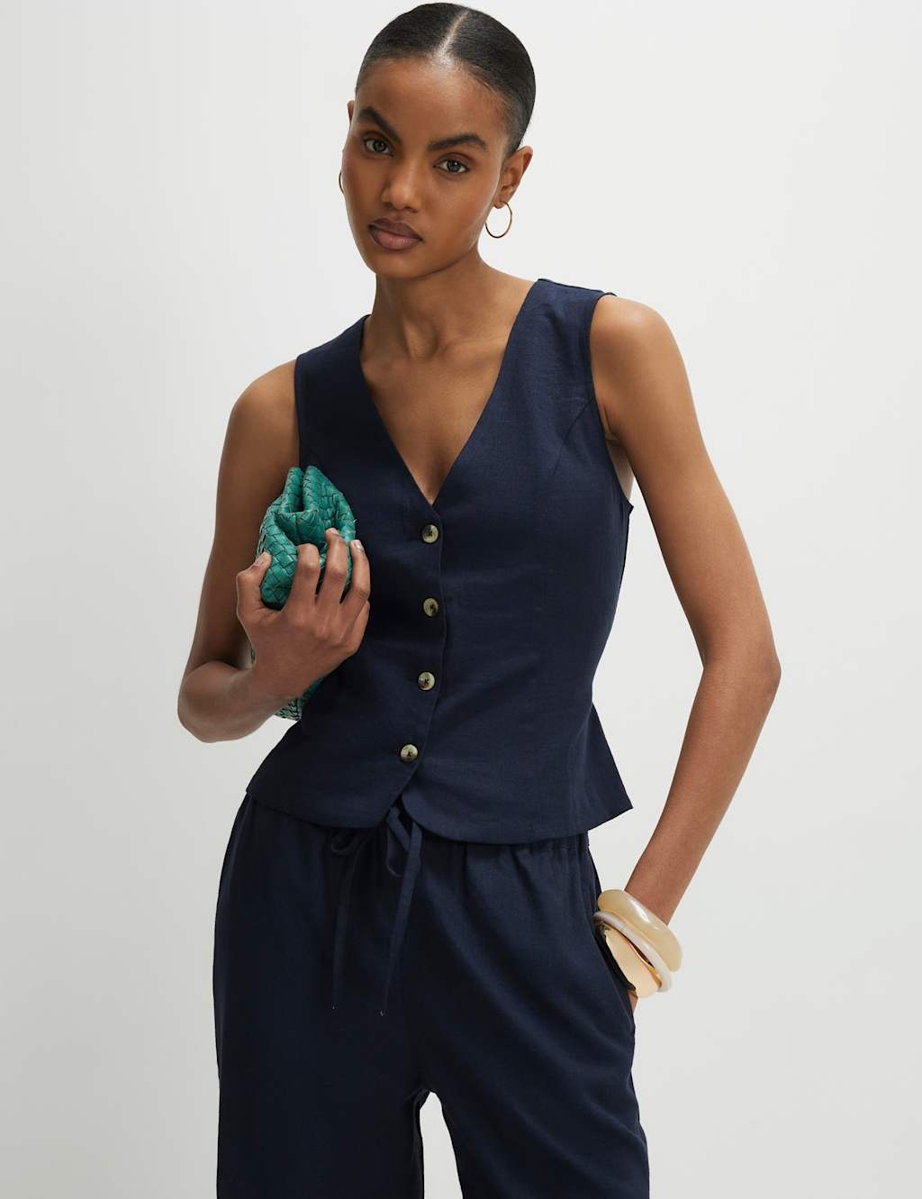 River Island Women's Linen Rich Single Breasted Waistcoat - Extra Small - Navy - Available at M&S