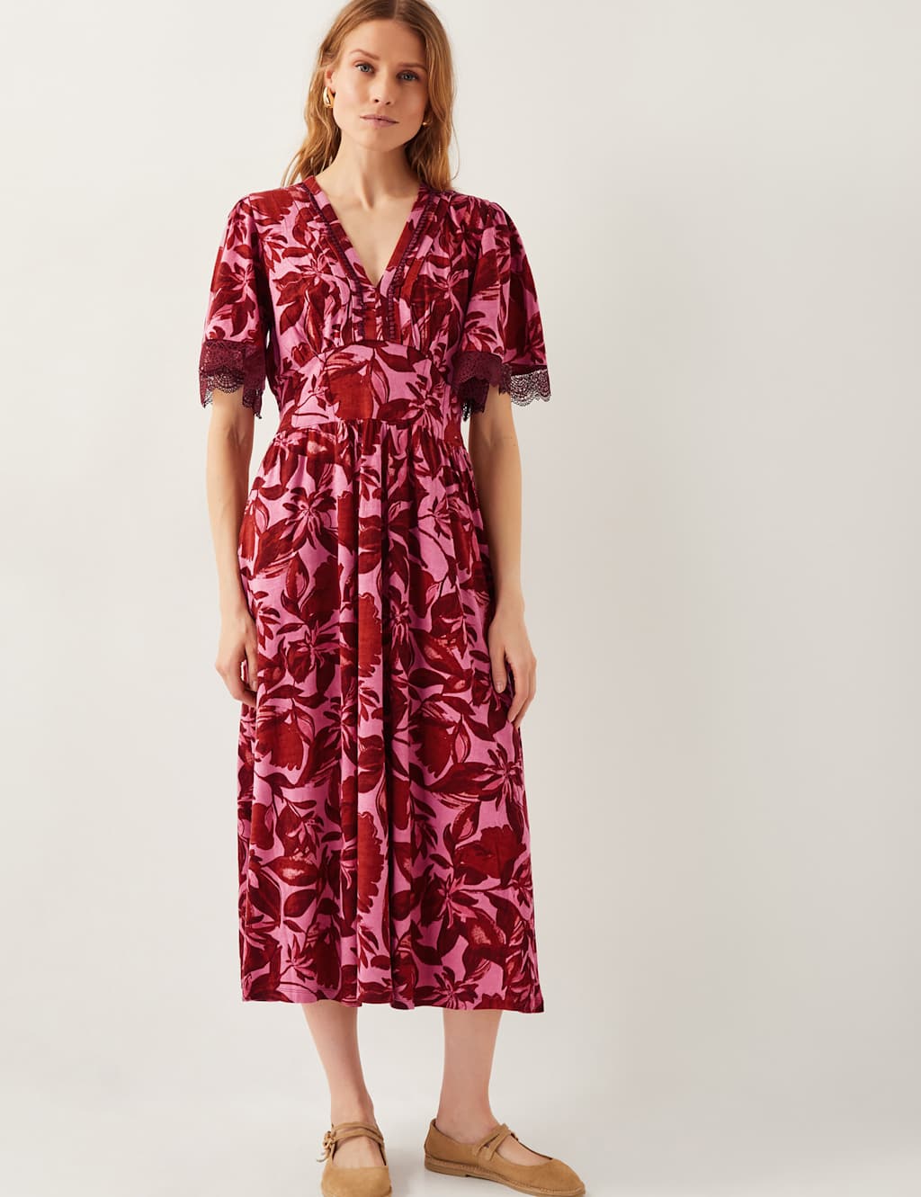 Cotton Rich Floral V-Neck Midi Skater Dress
