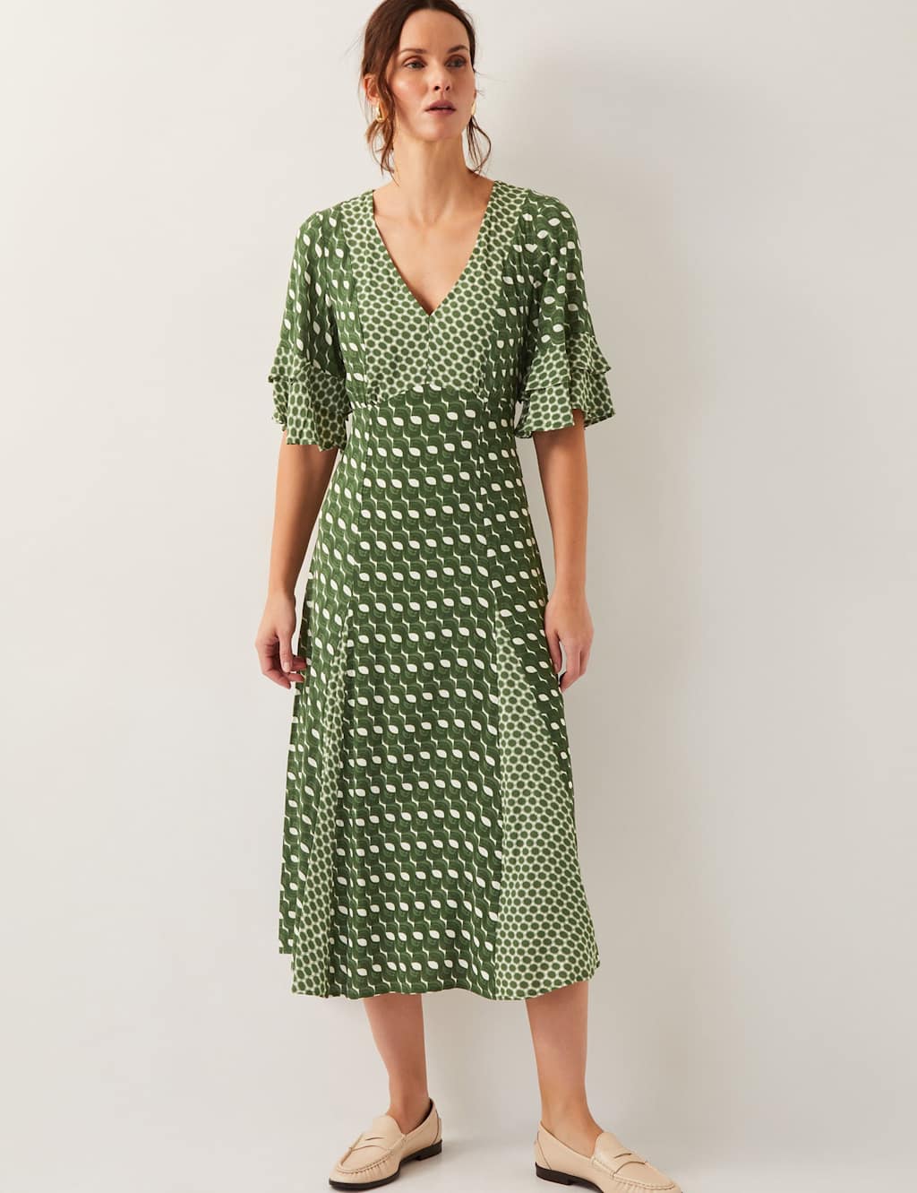Geometric V-Neck Frill Sleeve Midi Tea Dress