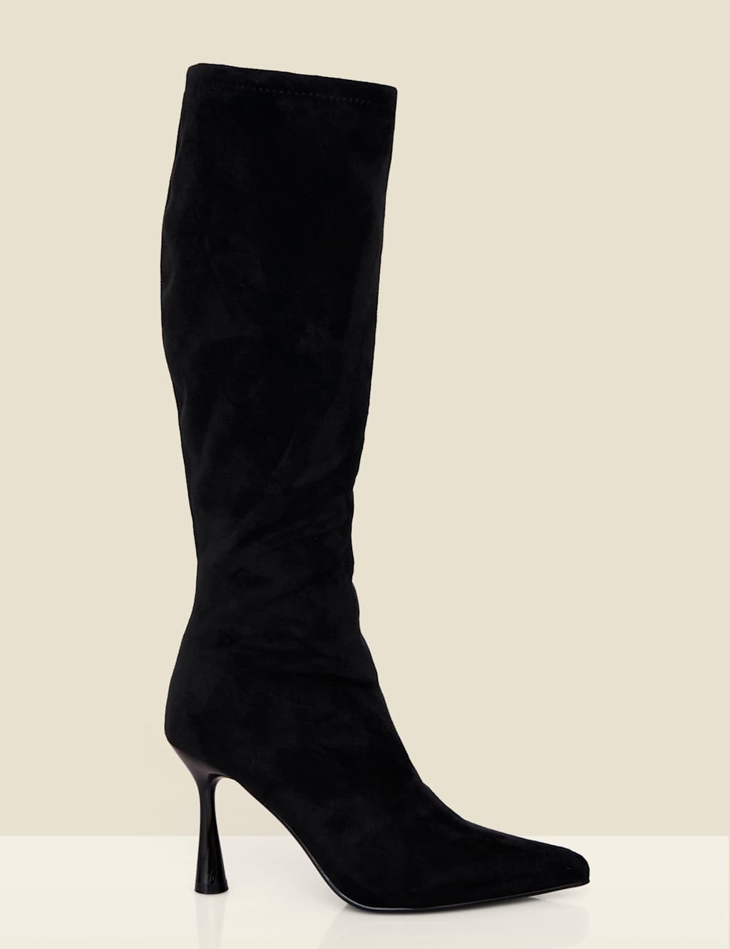 SOSANDAR Faux Suede Kitten Heel Knee High Boots Black