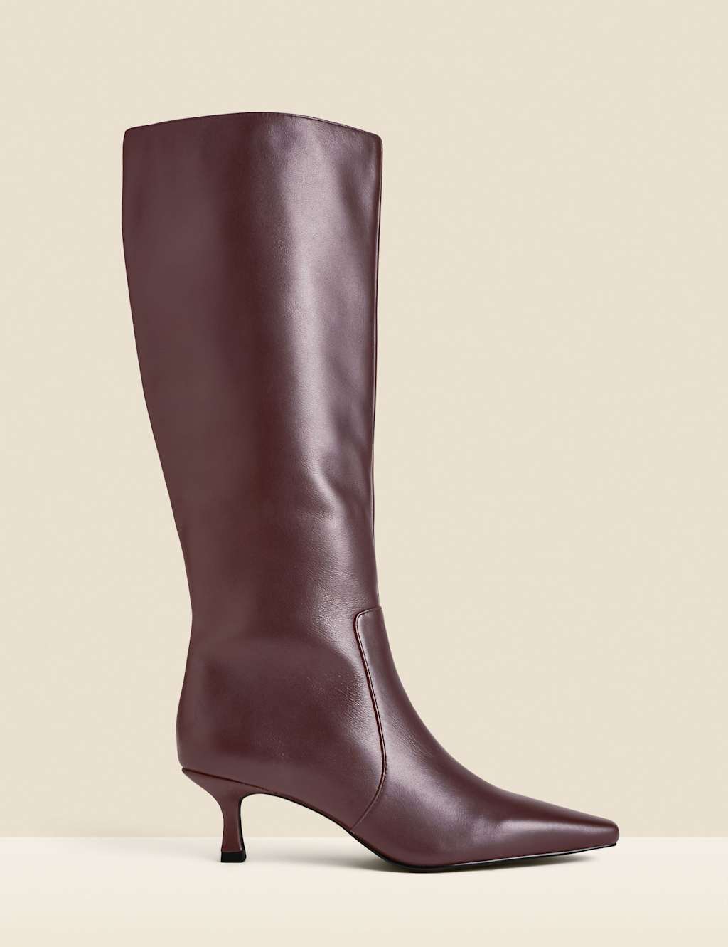 SOSANDAR Leather Kitten Heel Pointed Knee High Boots Burgundy
