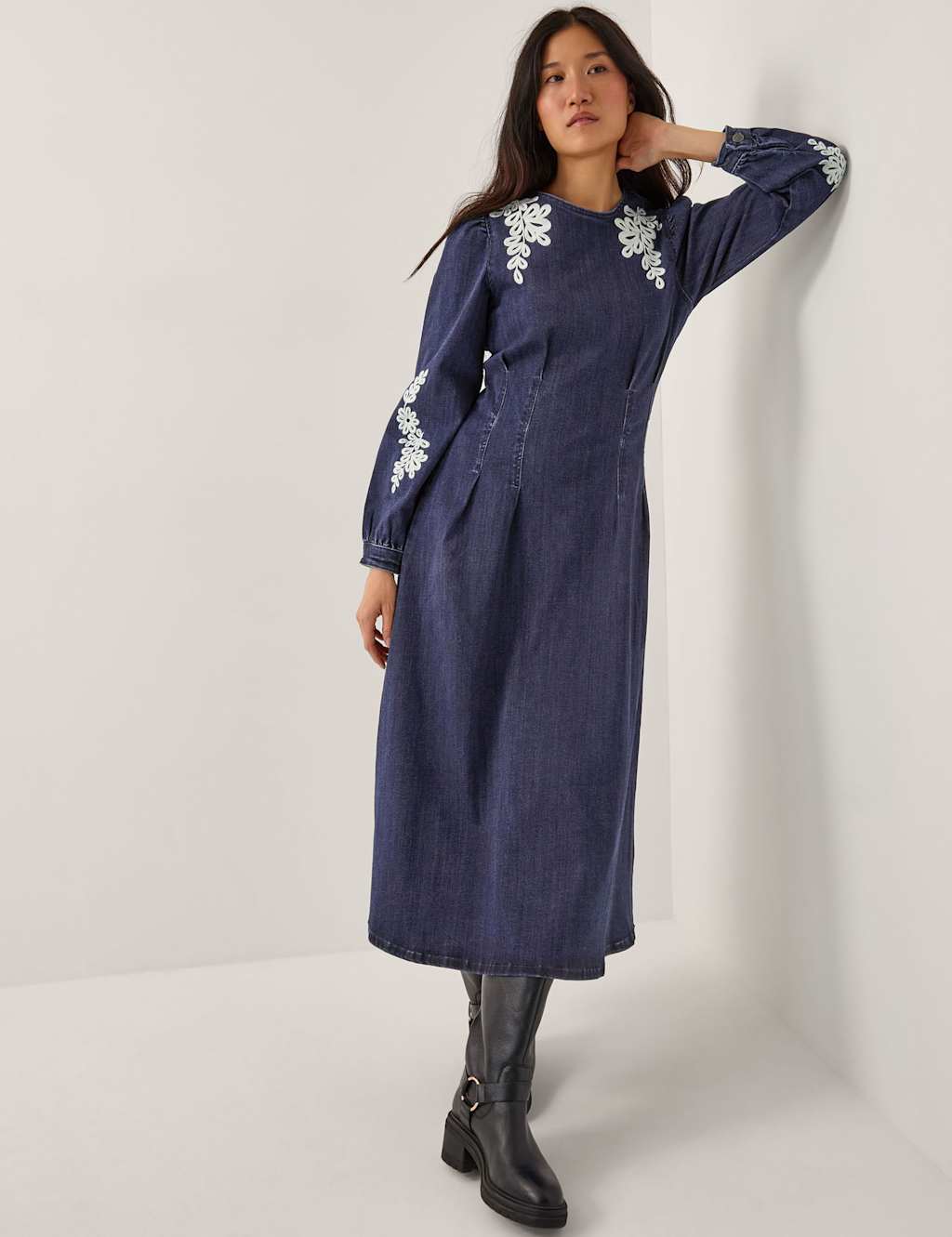 Monsoon Denim Embroidered Knee Length Skater Dress Indigo