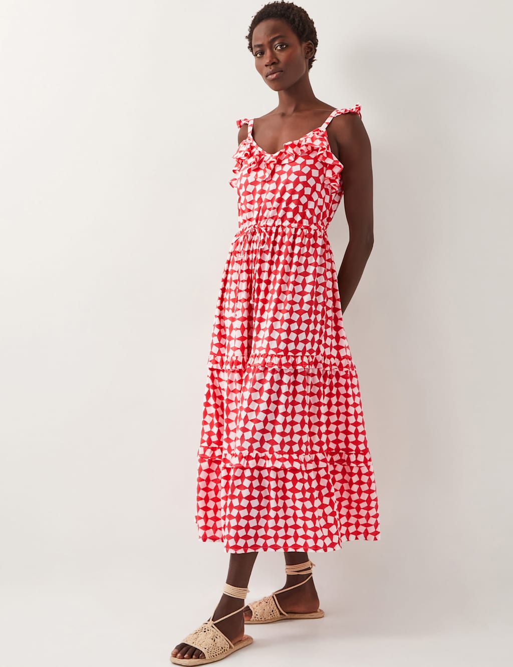 Geometric V-Neck Tiered Midi Beach Dress