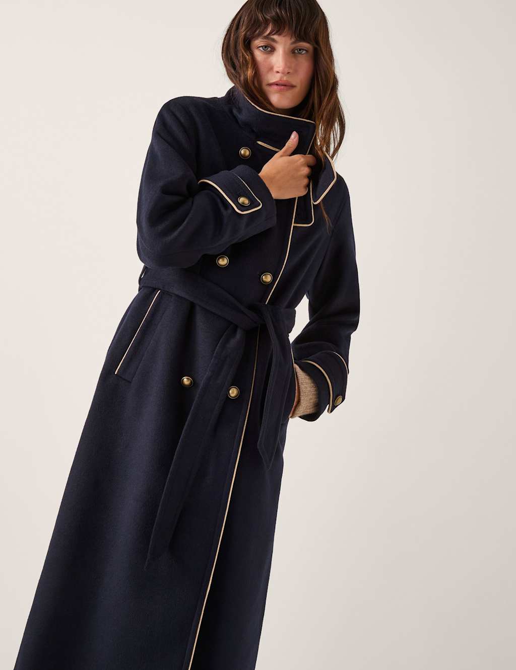 Monsoon Funnel Neck Belted Longline Trench Coat Navy