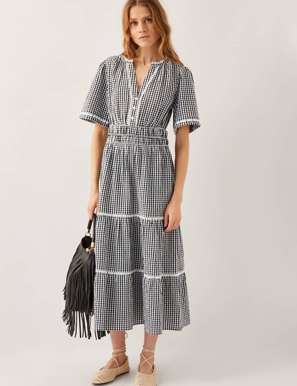 Pure Cotton Gingham Midi Tiered Dress